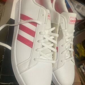 Adidas Women shoes size 6.5 glitter pink Stripes - grand court K model